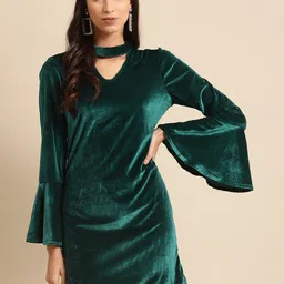 DODO & MOA Green Choker Neck Velvet Sheath Dress-picture-23