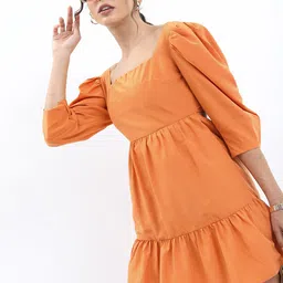 Tokyo Talkies Brown Square Neck Puff Sleeves Ruched Sheath Dress-picture-28