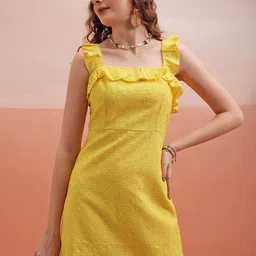 Tokyo Talkies Yellow Floral Embroidered Square Neck Ruffled & Tie Up Sheath Dress-picture-16