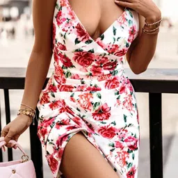StyleCast White & Red V-Neck Floral Printed Sheath Dress-image-95