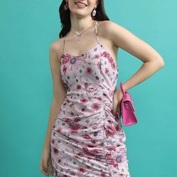 Tokyo Talkies Pink Floral Printed Shoulder Straps Ruched Sheath Dress-picture-3