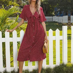 StyleCast Red Polka Dots Printed Flared Sleeve A-Line Midi Dress-image-22
