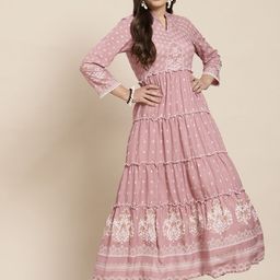 Juniper Women Pink & Off-White Ethnic Motifs Tiered Maxi Dress-image-38