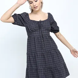 Tokyo Talkies Black Checked Tie-Up Neck Cotton Empire Dress-image-52