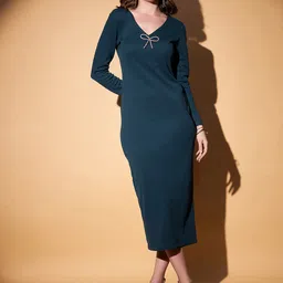 KASSUALLY Teal Bow Embellished Rib Sheath Midi Dress-image-50