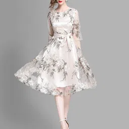 JC Collection Women Peach-Coloured & Black Floral Embroidered Midi Dress-picture-17