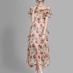 JC Collection Beige & Pink Floral Off-Shoulder Midi Dress-picture-14