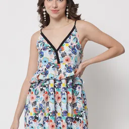 The Dry State White & Multicoloured Floral Ruffle Mini Fit and Flare Dress-picture-0