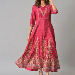 W Women Pink & Blue Ethnic Motifs Printed Maxi Dress-picture-17