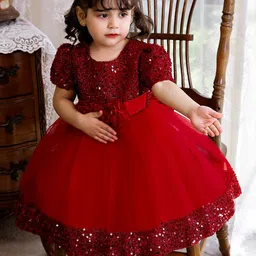 StyleCast Maroon & dark red Embellished Puff Sleeve Fit & Flare Midi Dress-47