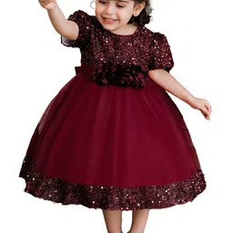 StyleCast Maroon Girls Embellished Puff Sleeves Fit & Flare Midi Dress-image-17