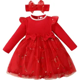 StyleCast Girls Red Floral Embroidered Cotton Fit & Flare Balloon Dress With Headband-image-16