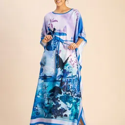Moomaya Round Neck Short Sleeve Abstract Print Kaftan Maxi Dress-0
