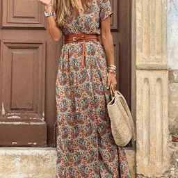 StyleCast V neck Short Sleeves Ethnic Print Kaftan Maxi Dress-image-33