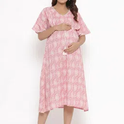 Ikk Kudi by Seerat Pink Printed Maternity & Nursing Cotton Midi Kaftan Dress-36