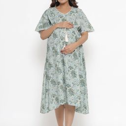 Ikk Kudi by Seerat Green Printed Maternity & Nursing Cotton Midi Kaftan Dress-image-98