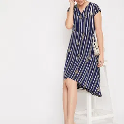 Crimsoune Club Women Navy Blue Striped Wrap Midi Dress-picture-33