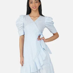 Antheaa Girls Blue & White Striped Cotton Wrap Dress-picture-5
