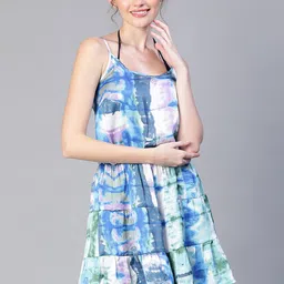 Oxolloxo Abstract Printed Shoulder Strap Flared Mini Swimwear Cover Up Dress-17