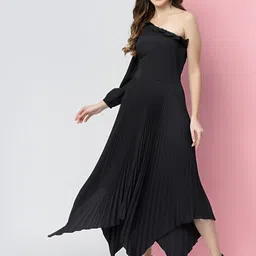 KASSUALLY Pleated Asymmetry One Shoulder Midi Fit & Flare Dress-picture-38