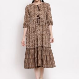 Indibelle Brown Floral Tie-Up Neck Midi Dress-image-11