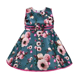 Wish Karo Girls Teal Blue & Pink Printed Silk Satin Finish Fit & Flare Dress-picture-17