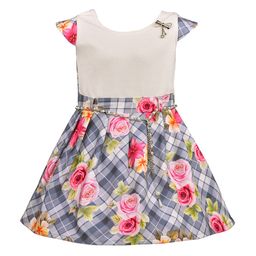 Wish Karo Girls Off-White & Grey Floral Silk Satin Finish Fit & Flare Dress with Belt-image-90