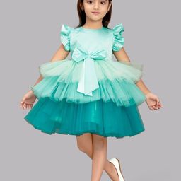 Pink Chick Sea Girls Green Colourblocked Satin Dress with Bow-54
