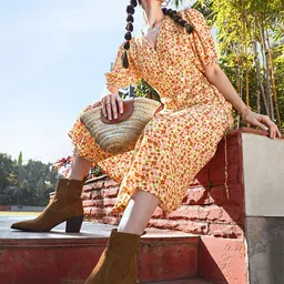 MANGO Women Yellow & Brown Floral Printed Midi Wrap Dress-picture-39