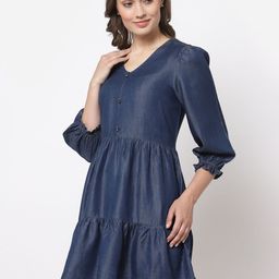 Gipsy Navy Blue Solid Denim Fit & Flare Dress-image-89