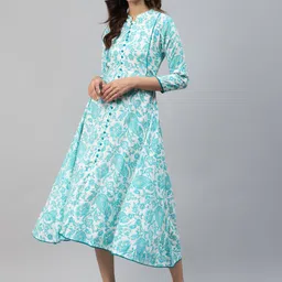 HIGHLIGHT FASHION EXPORT Women Blue & White Floral Print Midi A-Line Dress-image-25