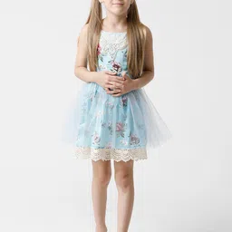 KATE & OSCAR Kids Girls Blue And White Floral Print Lace Detail Shoulder Strap Satin Dress-image-43