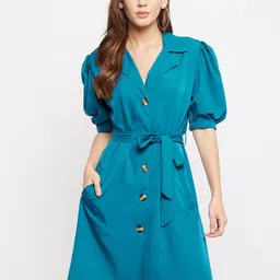 Color Cocktail Women Blue Crepe Shirt Dress-image-78