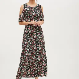 Harpa Women Multicoloured Floral Print Cold Shoulder Maxi Dress-image-83