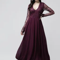 PANIT Embroidered Sequinned Georgette Fit And Flare Maxi Dress-picture-8