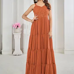 Inddus Floral Embroidered Georgette Maxi Dress-image-97