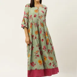 RANGMAYEE Women Green Foil Printed Maxi Dress-image-26