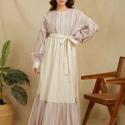SANASH Collections Striped Cuffed Sleeves Cotton Linen Tie-UpsMaxi Dress-53