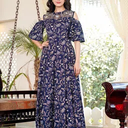 Yufta Floral Printed Cold-Shoulder Fit & Flare Cotton Maxi Dress-image-48