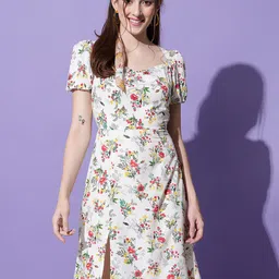 emeros Off Sweetheart Neckline Puff Sleeves Floral Printed Crepe Sheath Dress-image-41