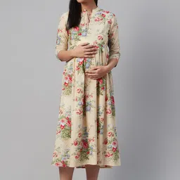 anayna Women Beige & Pink Floral Print Maternity A-Line Dress-picture-11