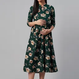 anayna Green & Beige Floral Print Cotton Maternity A-Line Dress-picture-15