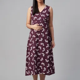anayna Women Aubergine & White Tropical Print Maternity Wrap Dress-picture-28