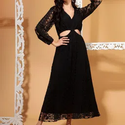DRAPE AND DAZZLE Self Design V-Neck Flared Cotton Maxi Dress-image-2