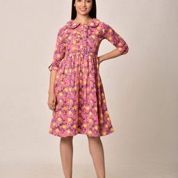 Ikk Kudi by Seerat Pink Floral Tie-Up Neck Dress-image-61