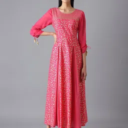 AURELIA Women Pink & Gold-Toned Ethnic Motifs Cotton Maxi Dress-image-48