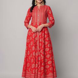 God Bless Red & Gold-Toned Ethnic Motifs Printed Rayon Ethnic Maxi Dress-26