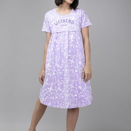 Zeyo Lavender & White Printed Cotton Maternity & Feeding Nightdress-image-26