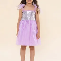 A T U N Girl Lavender Embellished Net Dress-45