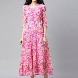 Souchii Pink & peaches n cream Floral Layered Chiffon Midi Dress-image-0